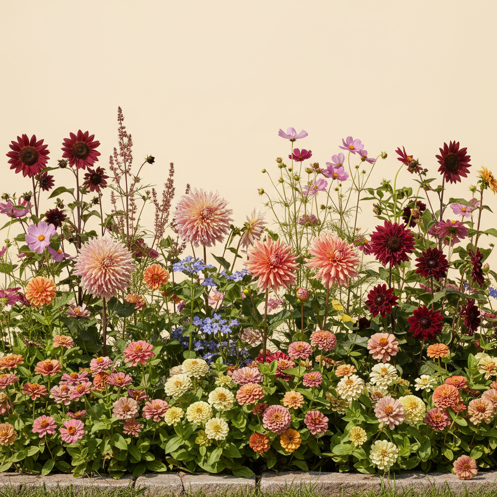 Rabatt med dahlia, zinnia, cosmos i full sol – 3 m² snittblomsterbädd