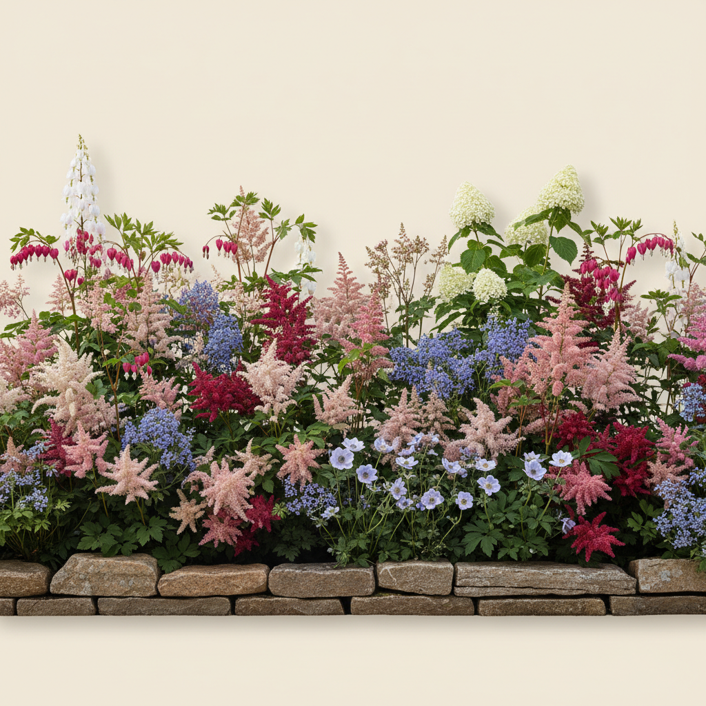 Rabatt med löjtnantshjärta, astilbe, hortensia i skugga – 60 m² perennrabatt