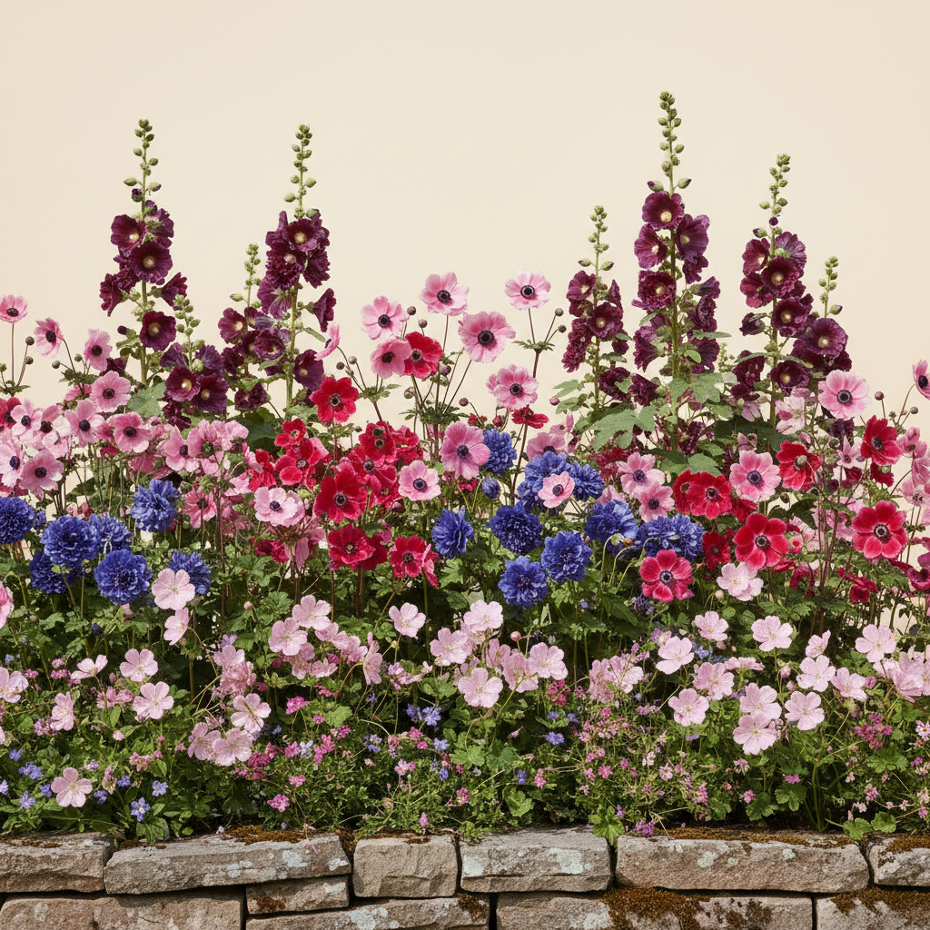 Rabatt med anemone, anemon, näva i full sol – 14 m² perennrabatt