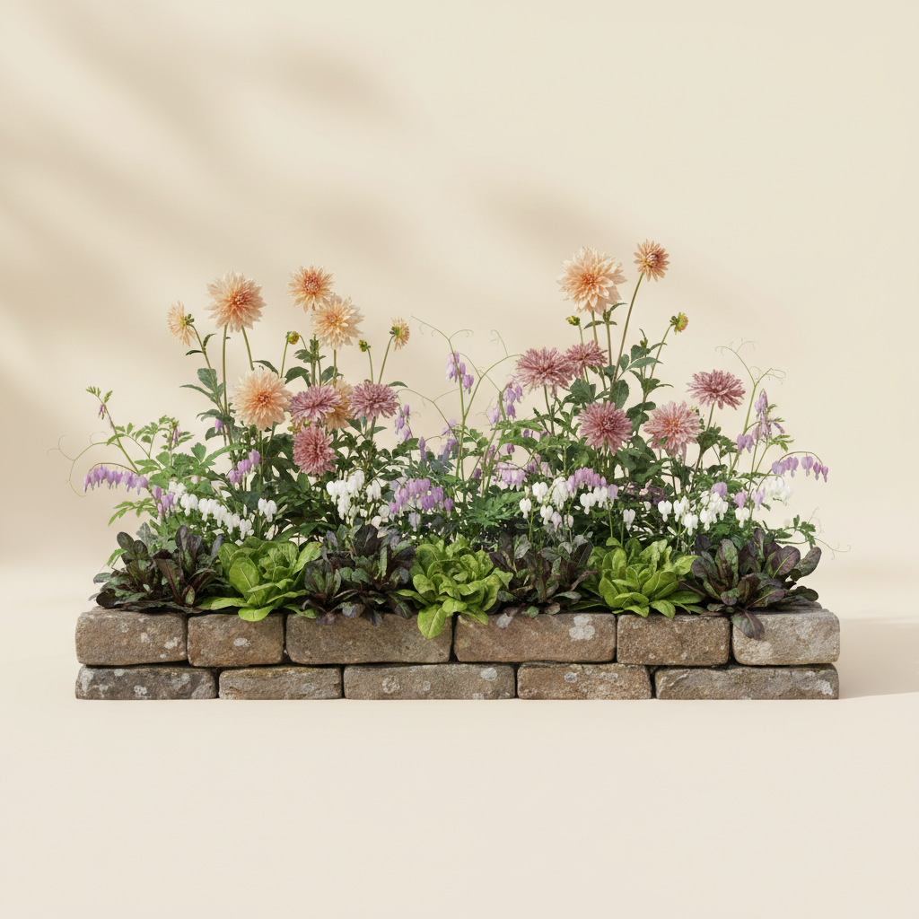 Rabatt med dahlia, rosenskära, trädgårdssallat i halvskugga – 2 m² blandad rabatt