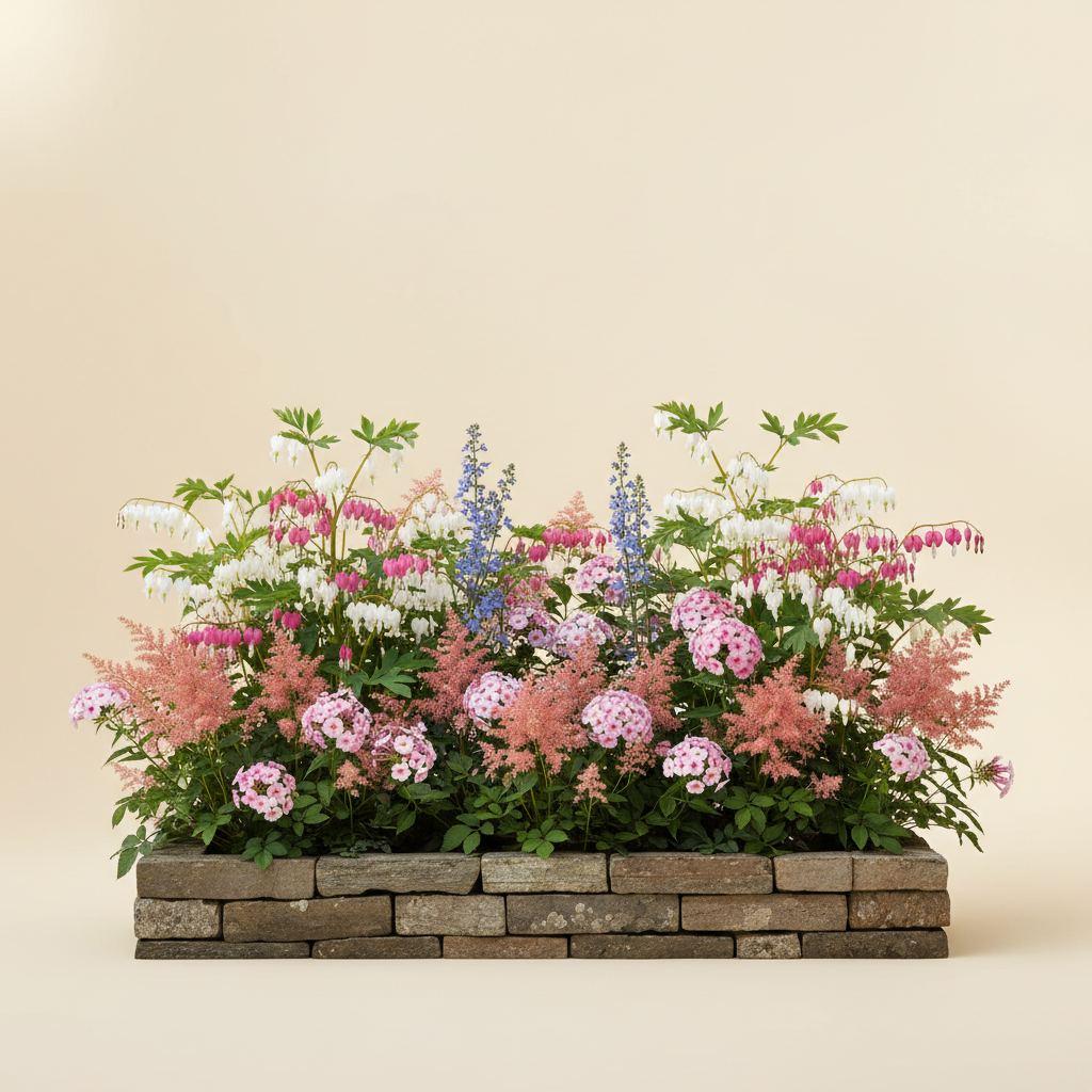 Rabatt med löjtnantshjärta, astilbe, höstflox i halvskugga – 3 m² perennrabatt