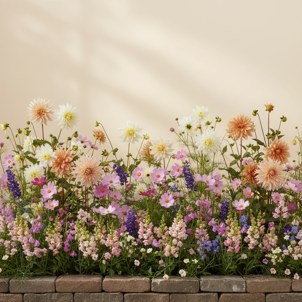 Rabatt med dahlia, rosenskära, luktärt i halvskugga – 4 m² snittblomsterbädd