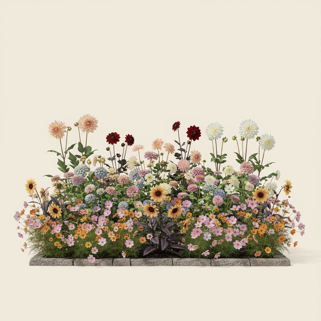 Rabatt med dahlia, zinnia, cosmos i full sol – 6 m² snittblomsterbädd