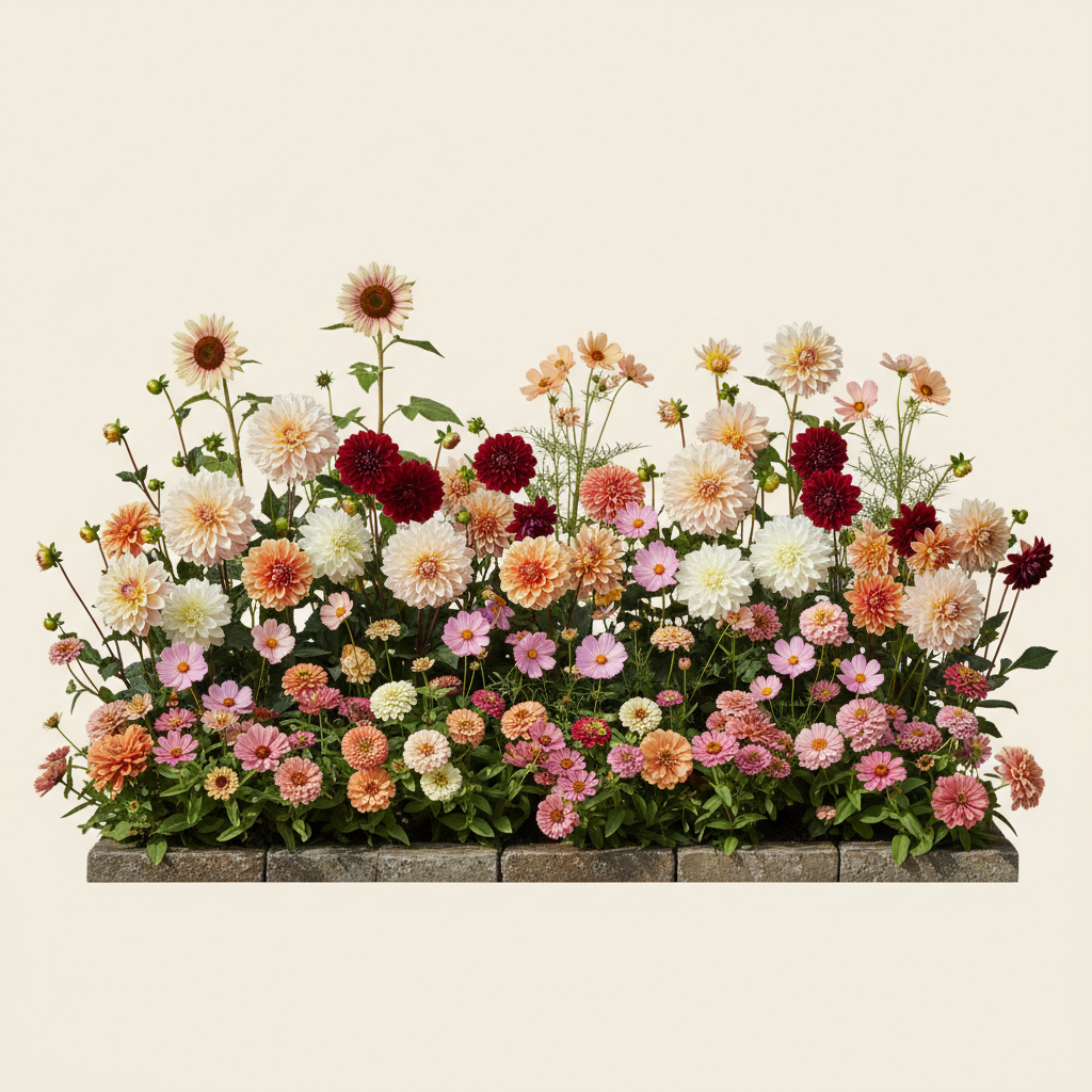 Rabatt med dahlia, zinnia, cosmos i full sol – 20 m² snittblomsterbädd