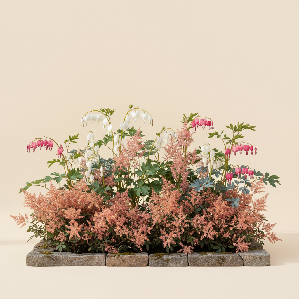 Rabatt med löjtnantshjärta, astilbe i halvskugga – 2 m² perennrabatt