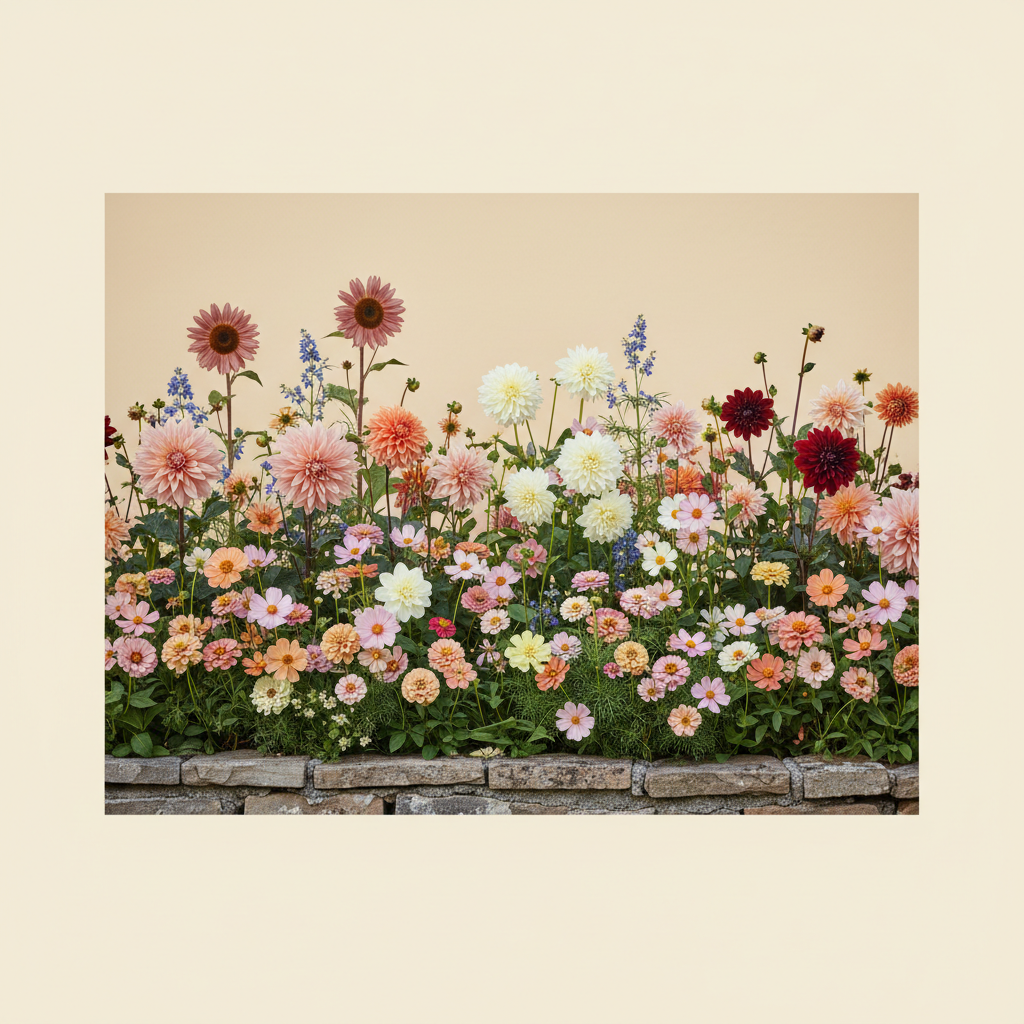 En liten 6 m² bädd i skugga — planerad för snittblommor. Här samsas Dahlia 'Cafe au Lait', Dahlia 'Labyrinth', Dahlia 'Arabian Night', Dahlia 'Sweet Nathalie', Zinnia 'Lilliput Mix' (frö), Cosmos 'Apricot Lemonade' (frö) och Solros 'ProCut Plum F1' (frö), valda för att trivas tillsammans.