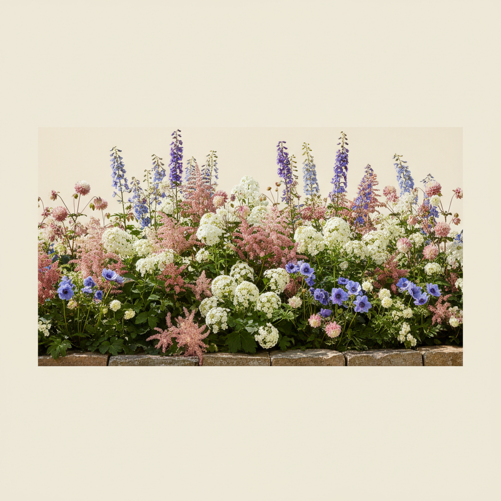 Rabatt med riddarsporre, astilbe, höstflox i full sol – 7 m² perennrabatt