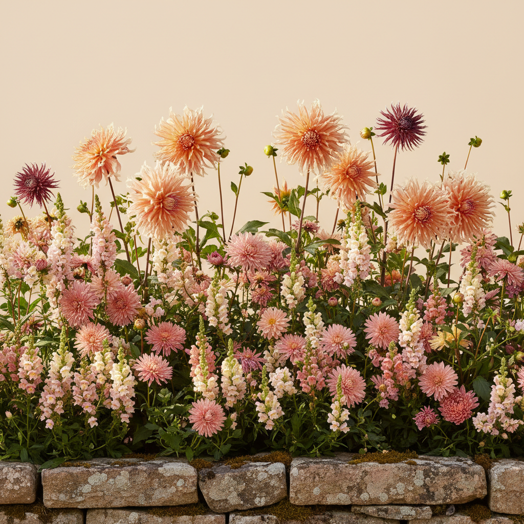 Rabatt med dahlia, aster, lejongap i full sol – 2 m² snittblomsterbädd