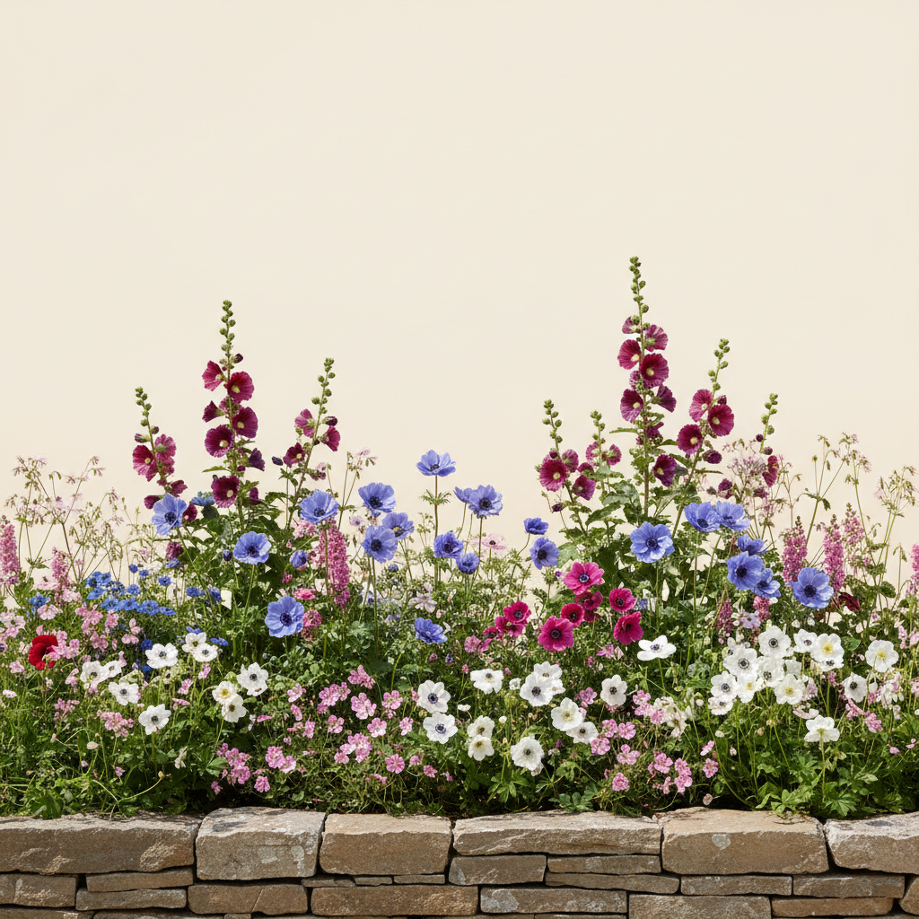 Rabatt med anemone, anemon, näva i full sol – 14 m² perennrabatt