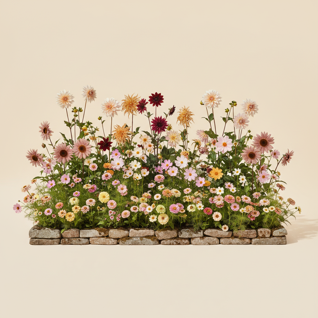 En liten 6 m² bädd i full sol — planerad för snittblommor. Här samsas Dahlia 'Cafe au Lait', Dahlia 'Labyrinth', Dahlia 'Arabian Night', Dahlia 'Sweet Nathalie', Zinnia 'Lilliput Mix' (frö), Cosmos 'Apricot Lemonade' (frö) och Solros 'ProCut Plum F1' (frö), valda för att trivas tillsammans.
