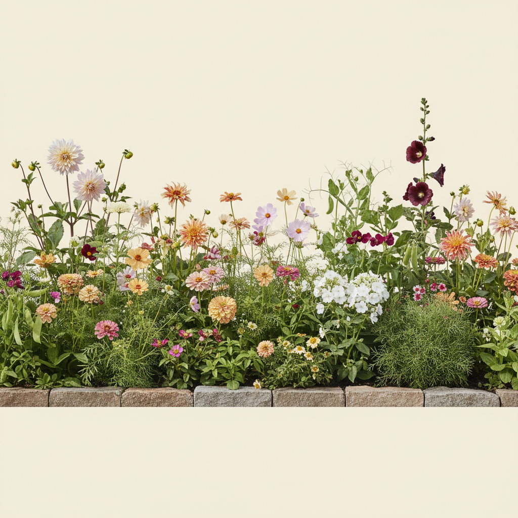 En liten 8 m² bädd i full sol — planerad för en blandning av blommor och grönsaker. Här samsas Dahlia 'Cafe au Lait', Dahlia 'Labyrinth', Zinnia 'Lilliput Mix' (frö), Cosmos 'Apricot Lemonade' (frö), Trädgårdssallat 'Salat Mix Mesclun' (BIO frö), Morot 'Autumn King 2' (BIO frö), Sockerärta 'Grijze Roodbloeiende' (BIO frö), Höstflox 'Brilliant Eye' och Stockros 'Nigra', valda för att trivas tillsammans.