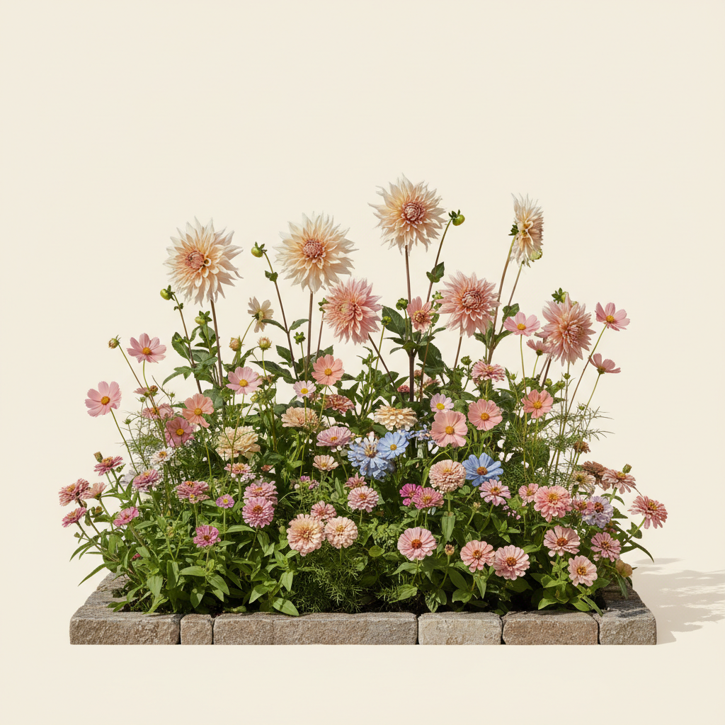 Rabatt med dahlia, zinnia, cosmos i full sol – 1 m² snittblomsterbädd