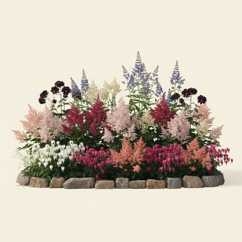 Rabatt med löjtnantshjärta, astilbe, höstflox i halvskugga – 60 m² perennrabatt