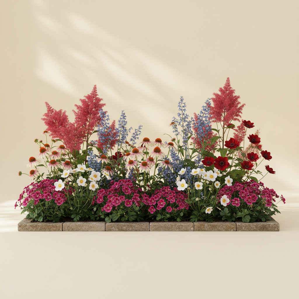 Rabatt med astilbe, solhatt, näva i halvskugga – 6 m² perennrabatt