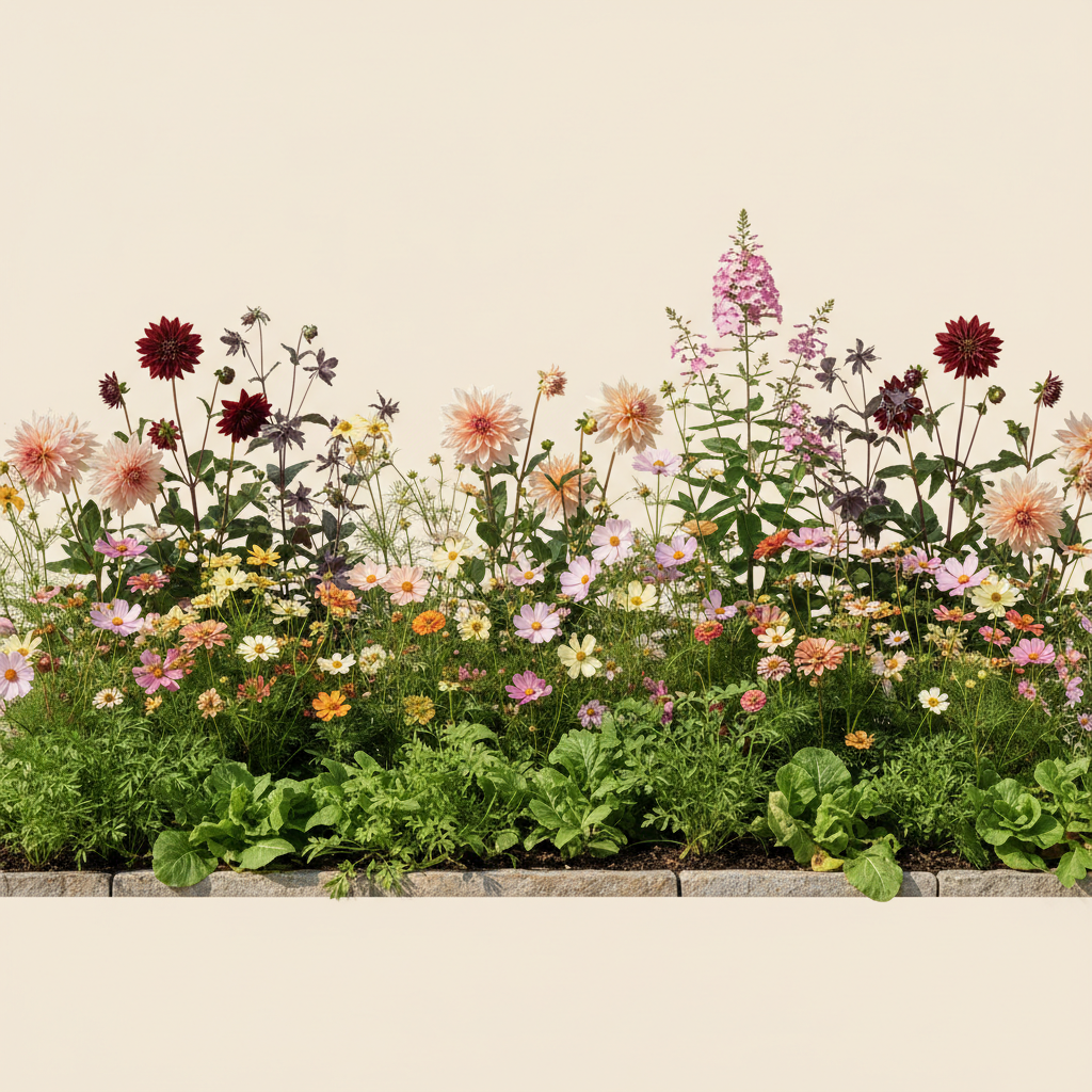 Rabatt med dahlia, zinnia, cosmos i full sol – 6 m² blandad rabatt