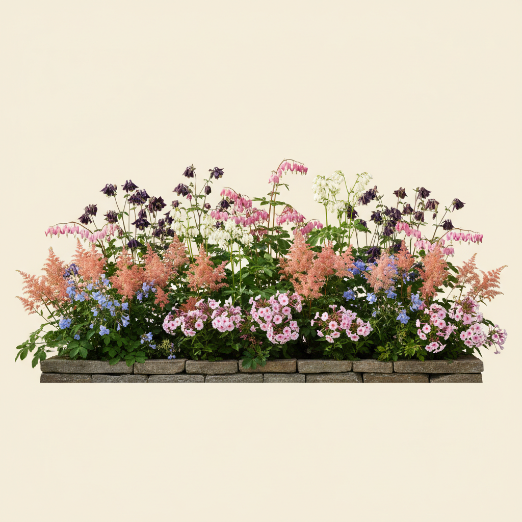 Rabatt med löjtnantshjärta, astilbe, höstflox i halvskugga – 6 m² perennrabatt