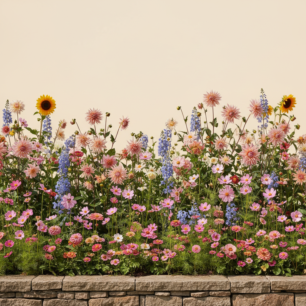Rabatt med dahlia, zinnia, cosmos i full sol – 60 m² snittblomsterbädd