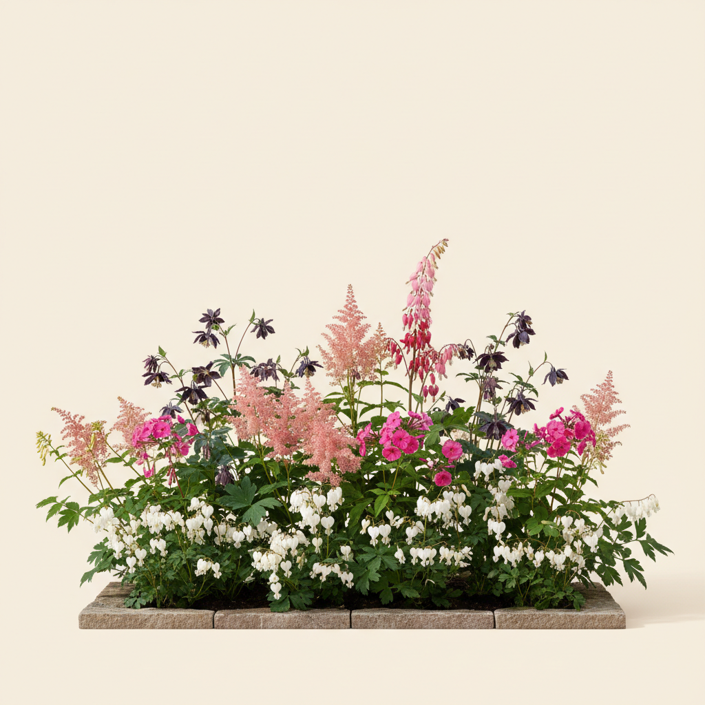 Rabatt med löjtnantshjärta, astilbe, höstflox i halvskugga – 5 m² perennrabatt
