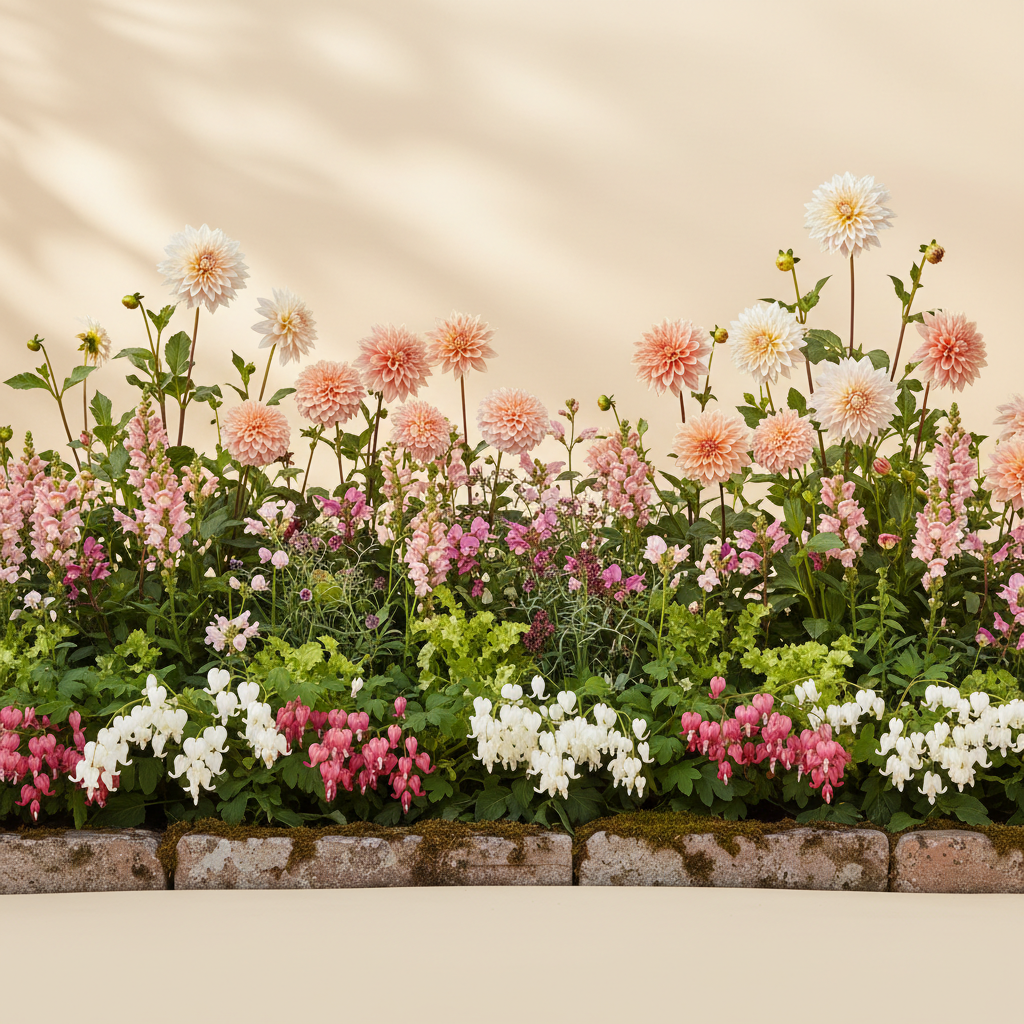 Rabatt med dahlia, rosenskära, lejongap i halvskugga – 6 m² blandad rabatt