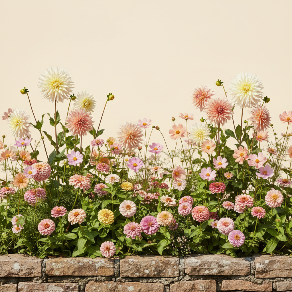 Rabatt med dahlia, zinnia, cosmos i full sol – 2 m² snittblomsterbädd