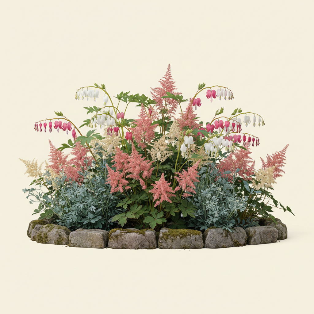 Rabatt med löjtnantshjärta, astilbe i skugga – 1 m² perennrabatt