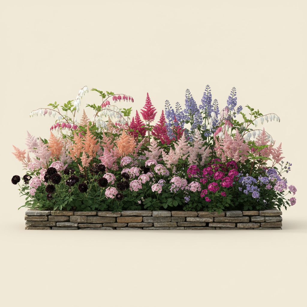 Rabatt med löjtnantshjärta, astilbe, höstflox i halvskugga – 39 m² perennrabatt