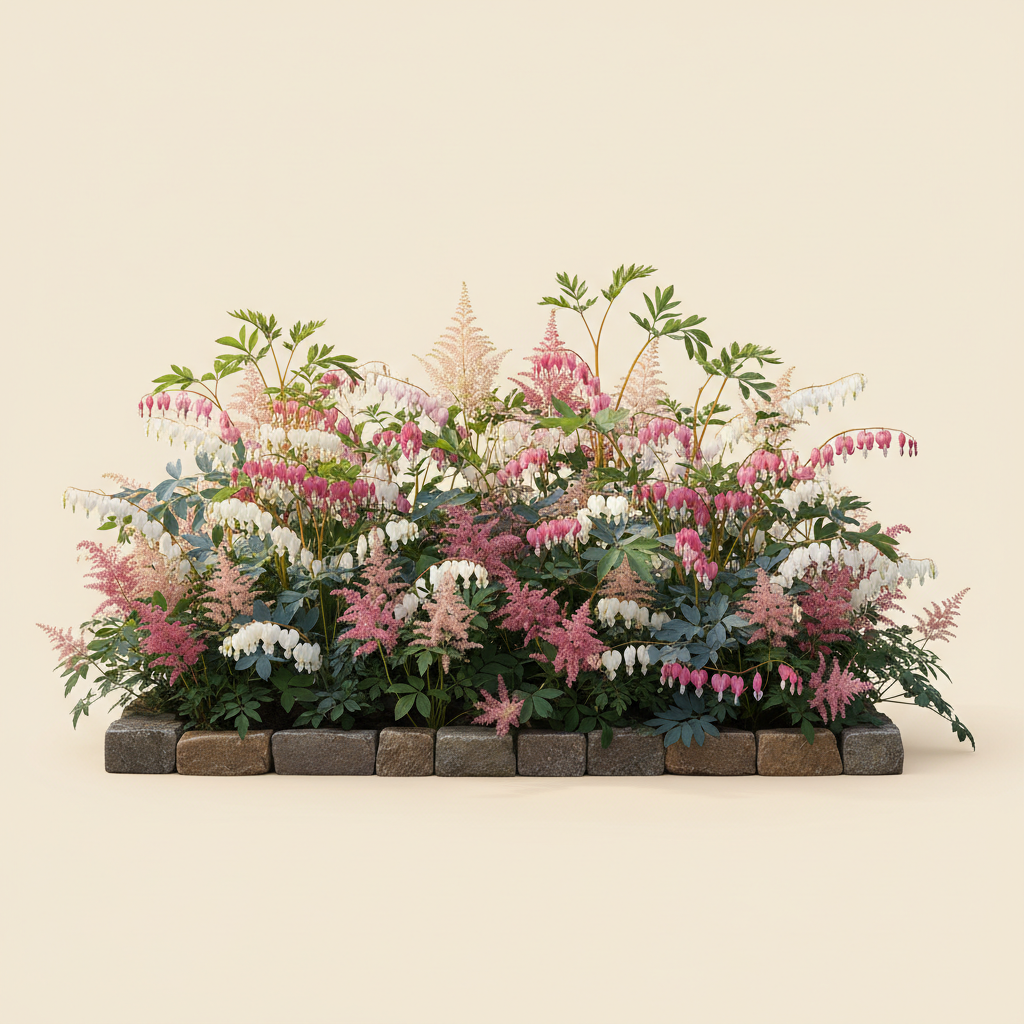 Rabatt med löjtnantshjärta, astilbe i halvskugga – 2 m² perennrabatt