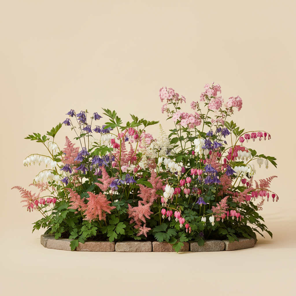 Rabatt med löjtnantshjärta, astilbe, höstflox i halvskugga – 6 m² perennrabatt