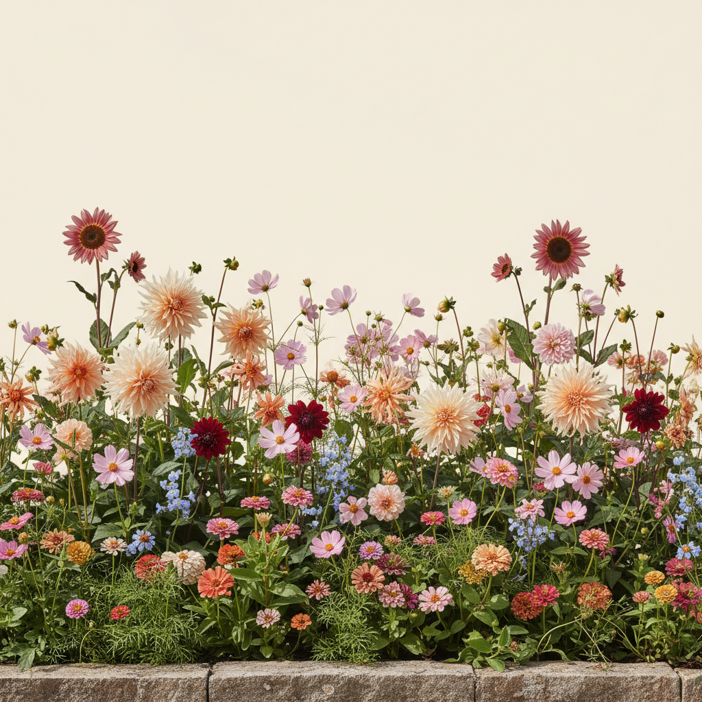 Rabatt med dahlia, zinnia, cosmos i full sol – 6 m² snittblomsterbädd