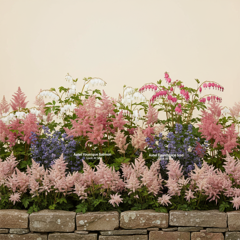 Rabatt med löjtnantshjärta, astilbe i skugga – 5 m² perennrabatt