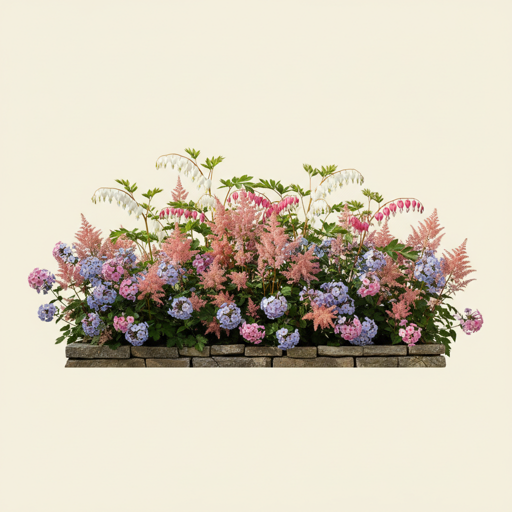 Rabatt med löjtnantshjärta, astilbe, höstflox i halvskugga – 4 m² perennrabatt