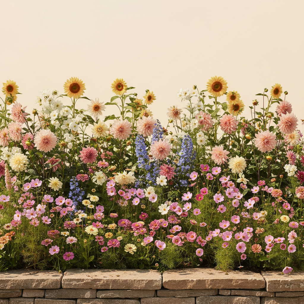 Rabatt med dahlia, zinnia, cosmos i full sol – 30 m² snittblomsterbädd