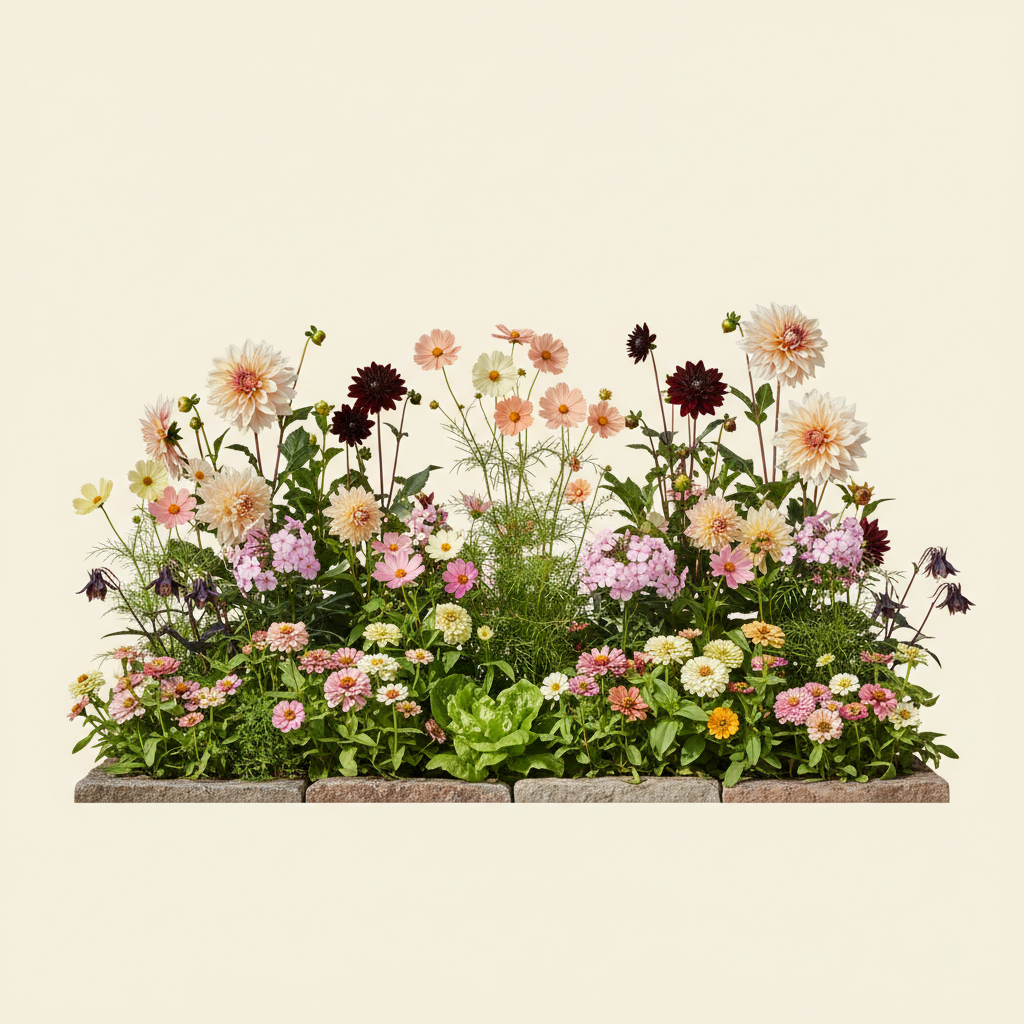 Rabatt med dahlia, zinnia, cosmos i full sol – 6 m² blandad rabatt
