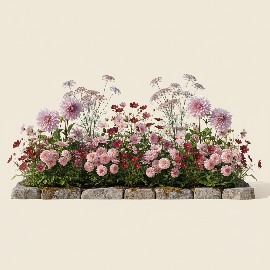 Rabatt med dahlia, vildmorot, cosmos i full sol – 2 m² snittblomsterbädd