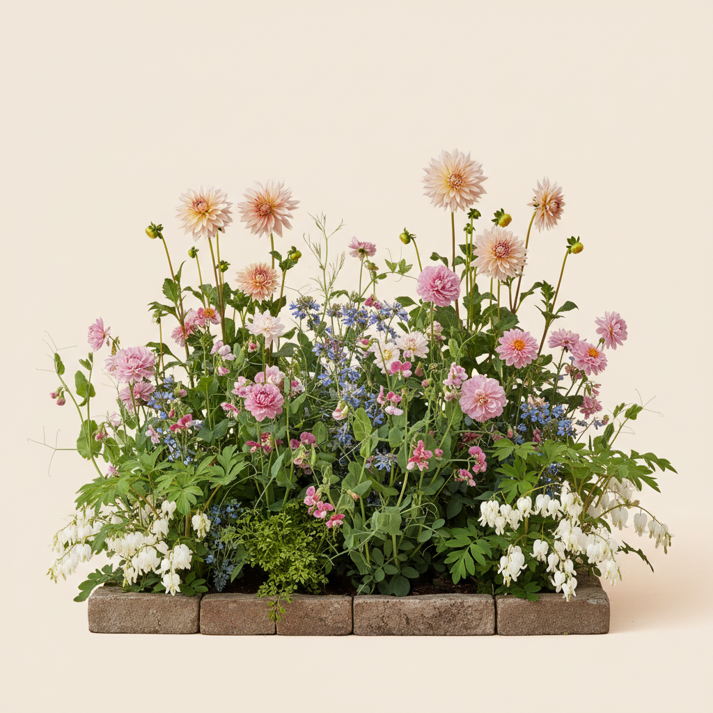 Rabatt med dahlia, rosenskära, trädgårdssallat i halvskugga – 1 m² blandad rabatt