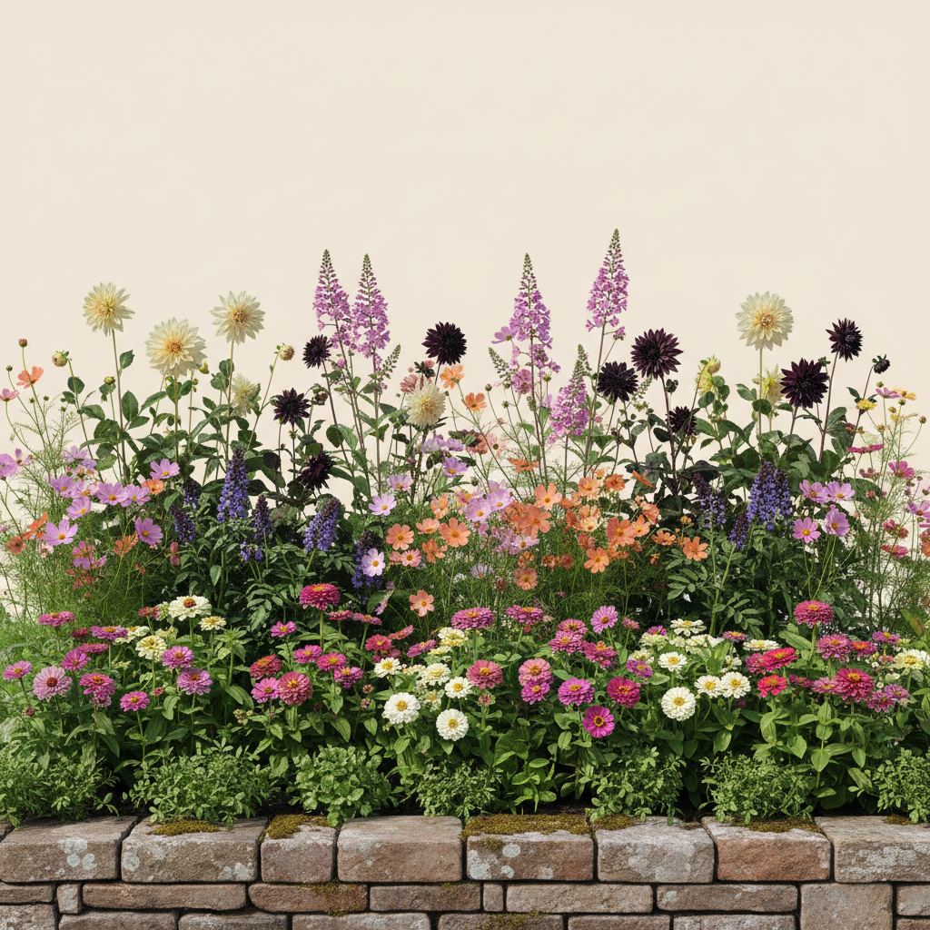 Rabatt med dahlia, zinnia, cosmos i full sol – 13 m² blandad rabatt