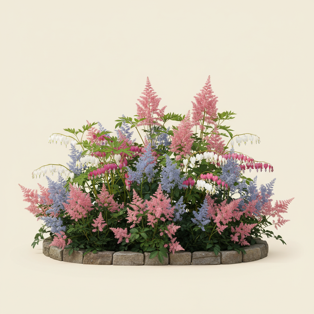 Rabatt med löjtnantshjärta, astilbe i halvskugga – 2 m² perennrabatt