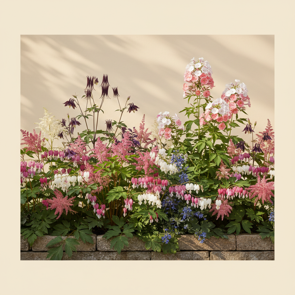 Rabatt med löjtnantshjärta, astilbe, höstflox i halvskugga – 6 m² perennrabatt