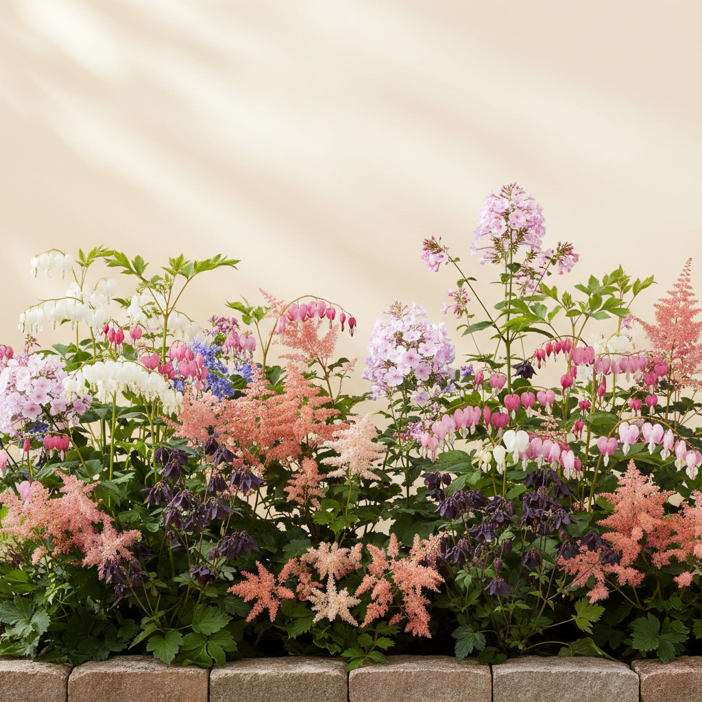 Rabatt med löjtnantshjärta, astilbe, höstflox i halvskugga – 6 m² perennrabatt