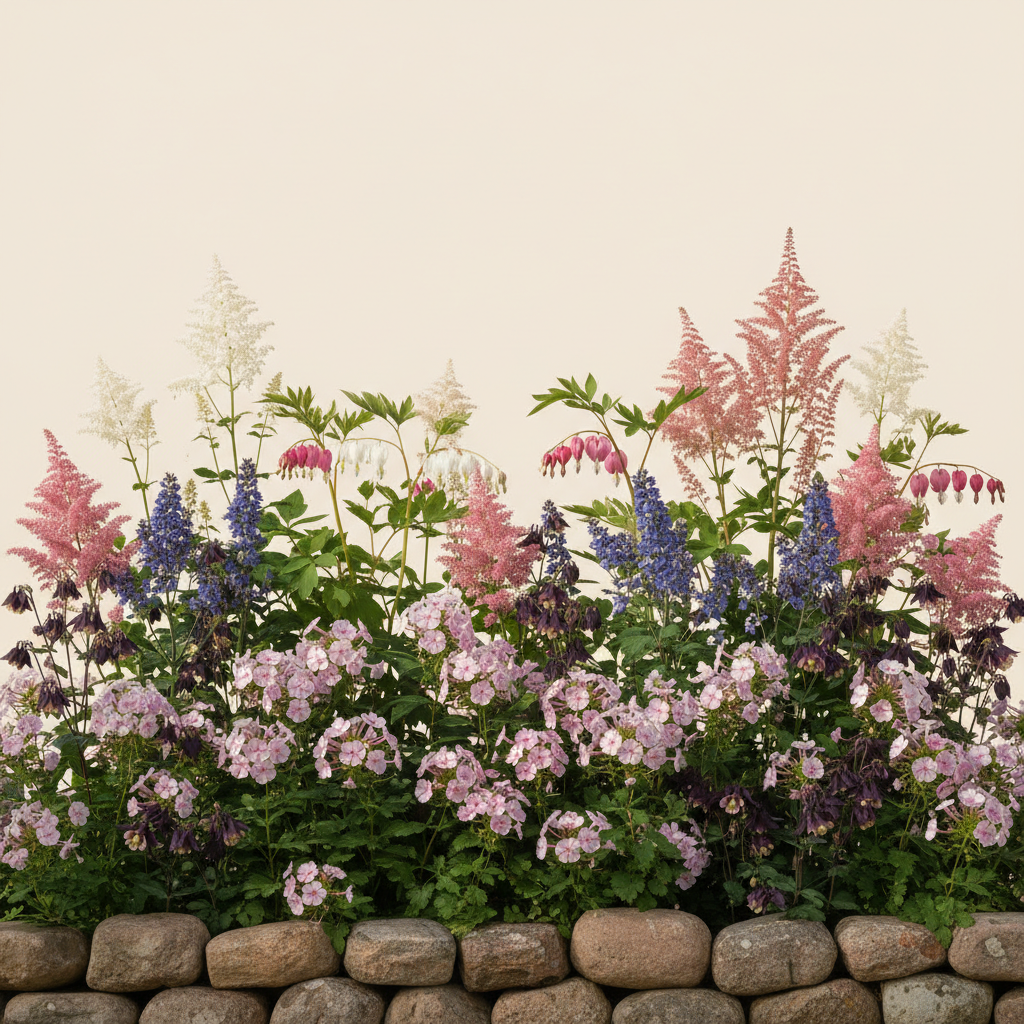 Rabatt med löjtnantshjärta, astilbe, höstflox i halvskugga – 6 m² perennrabatt
