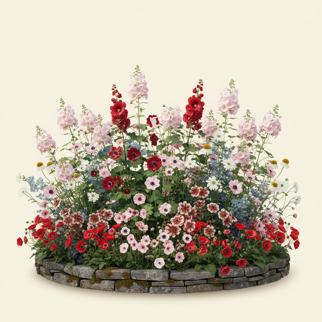 Rabatt med höstflox, anemone, näva i halvskugga – 20 m² perennrabatt