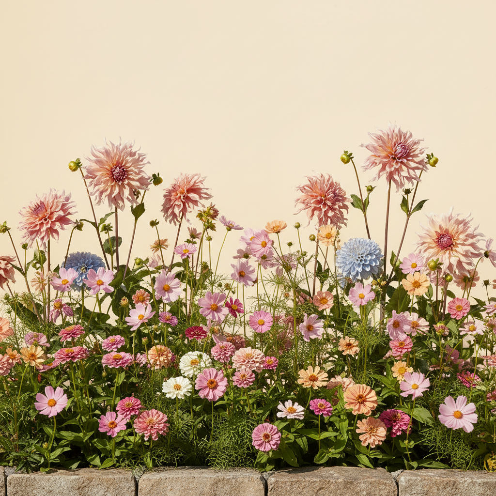 Rabatt med dahlia, zinnia, cosmos i full sol – 2 m² snittblomsterbädd