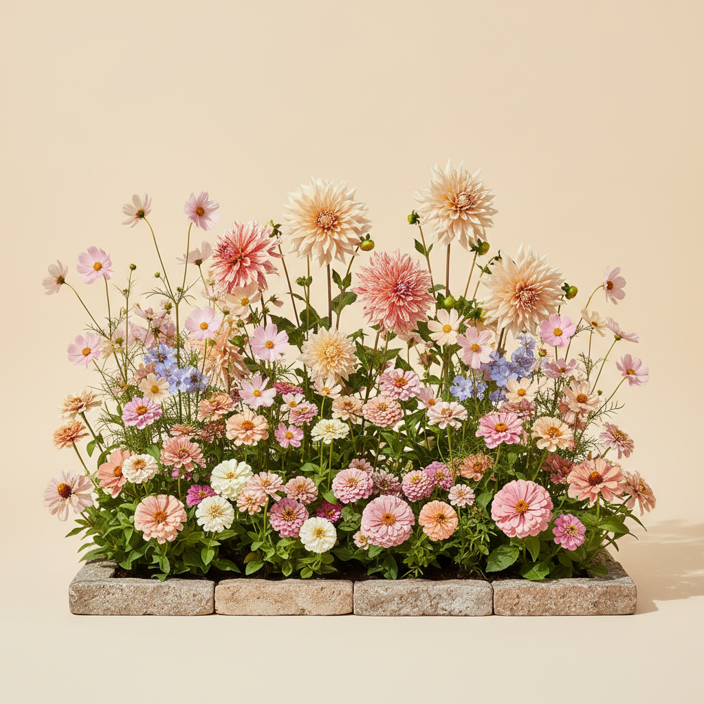 Rabatt med dahlia, zinnia, cosmos i full sol – 2 m² snittblomsterbädd