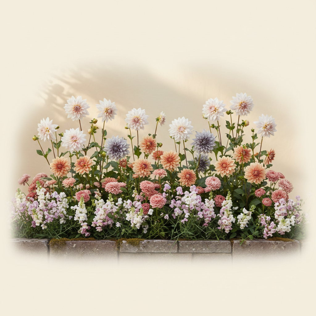 Rabatt med dahlia, rosenskära, luktärt i halvskugga – 6 m² snittblomsterbädd