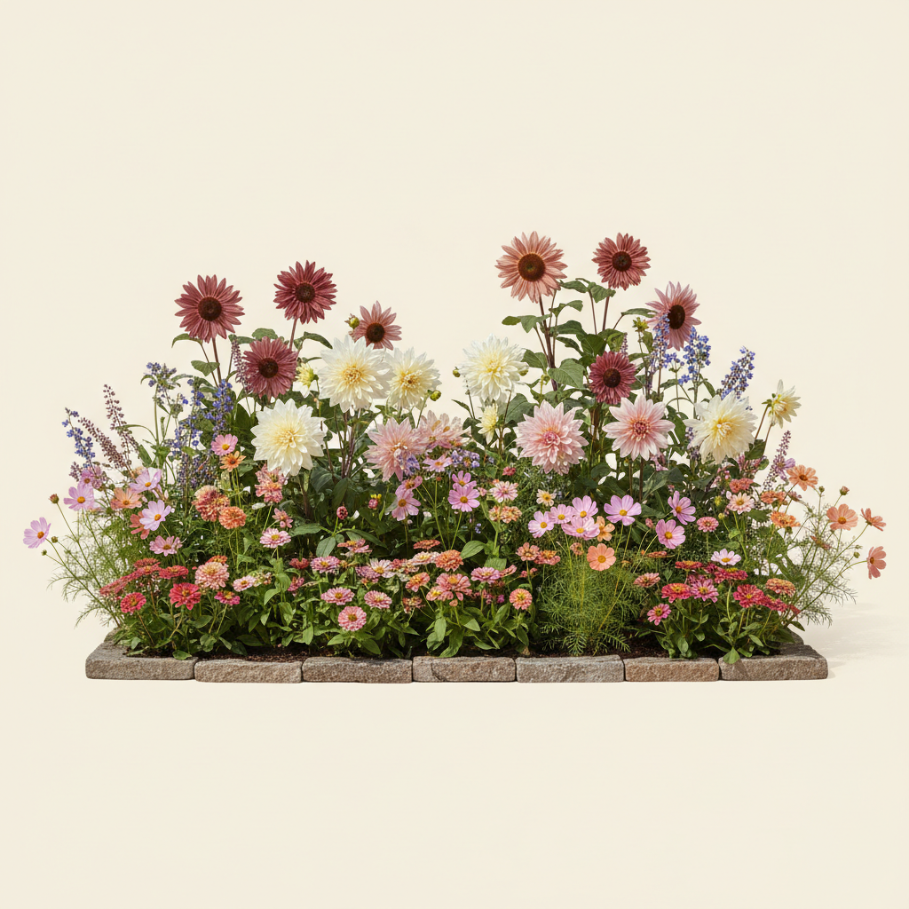 En liten 6 m² bädd i full sol — planerad för snittblommor. Här samsas Dahlia 'Cafe au Lait', Dahlia 'Arabian Night', Dahlia 'Wizard of Oz', Dahlia 'Eveline', Zinnia 'Lilliput Mix' (frö), Cosmos 'Apricot Lemonade' (frö) och Solros 'ProCut Plum F1' (frö), valda för att trivas tillsammans.