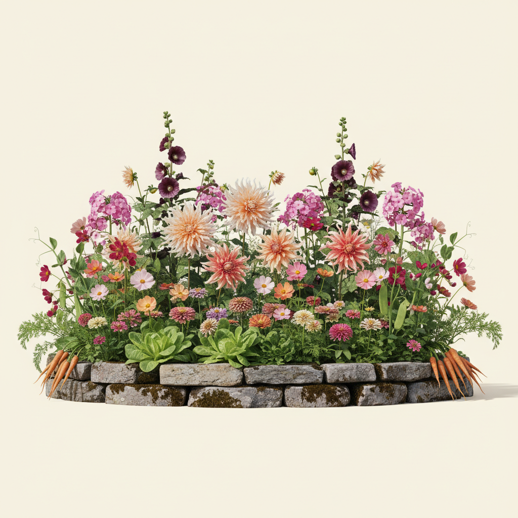 Rabatt med dahlia, zinnia, cosmos i full sol – 6 m² blandad rabatt