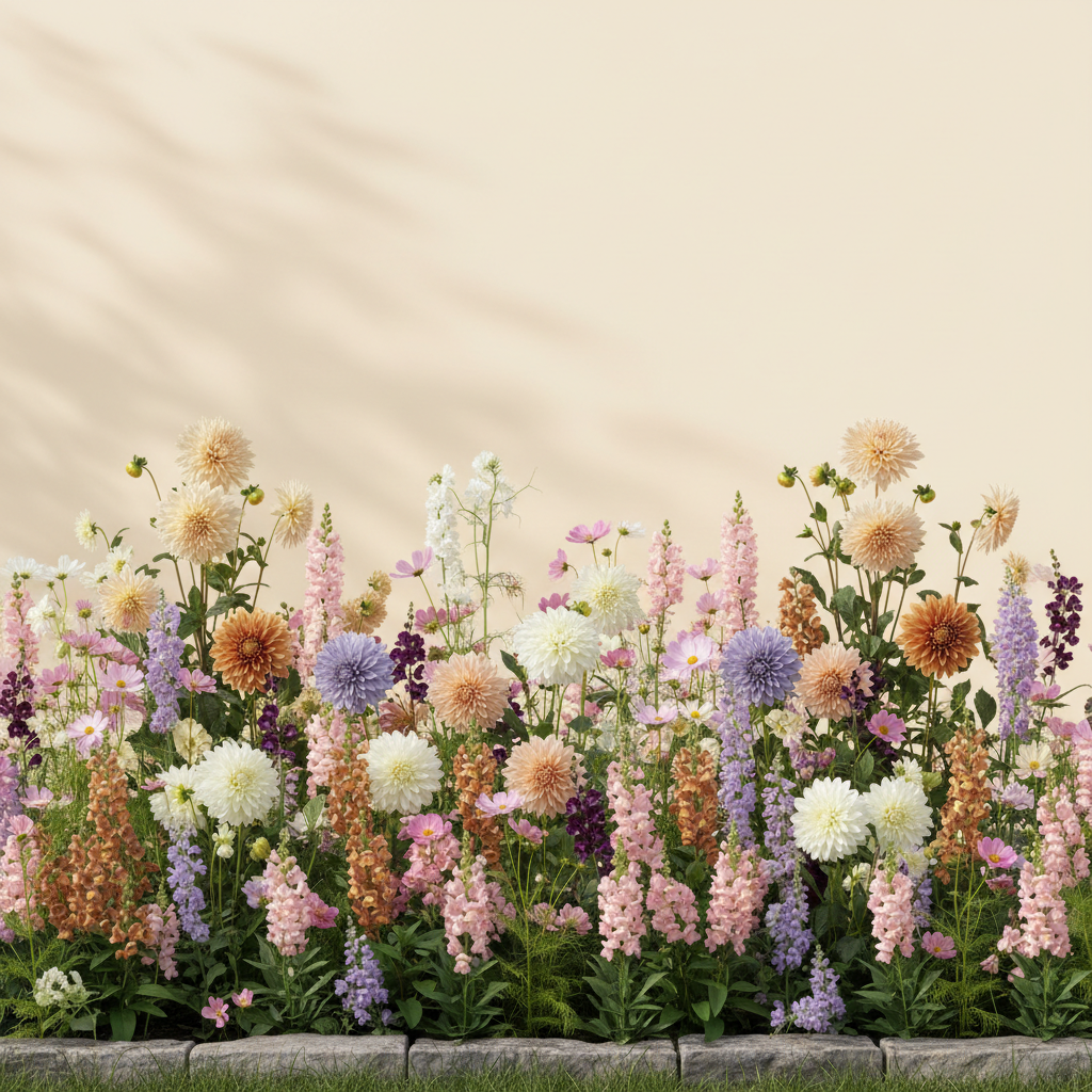 Rabatt med dahlia, rosenskära, lejongap i halvskugga – 25 m² snittblomsterbädd