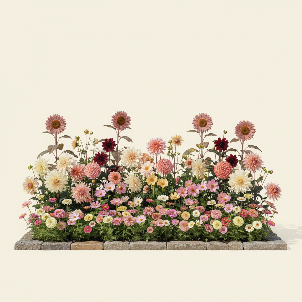 Rabatt med dahlia, zinnia, cosmos i full sol – 6 m² snittblomsterbädd