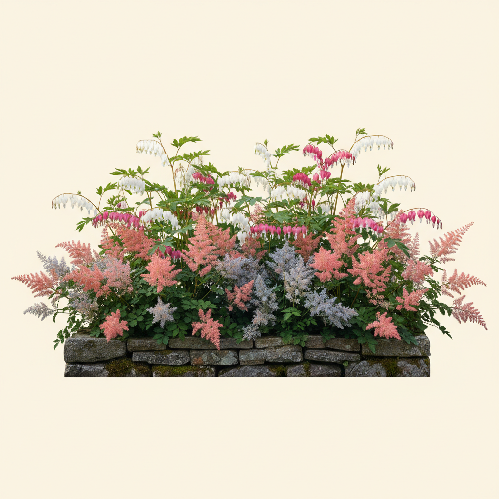 Rabatt med löjtnantshjärta, astilbe i halvskugga – 2 m² perennrabatt