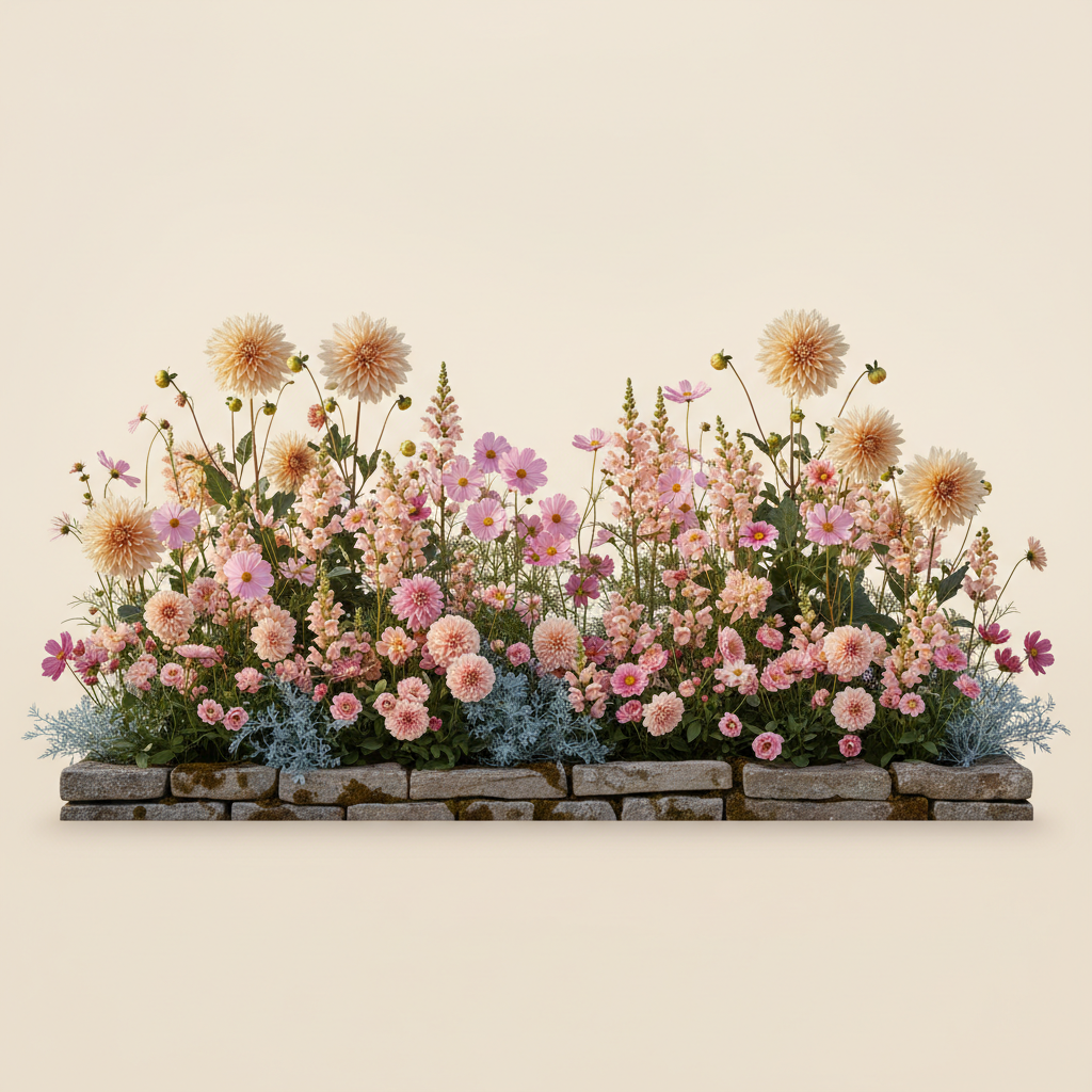 Rabatt med dahlia, rosenskära, lejongap i halvskugga – 2 m² snittblomsterbädd